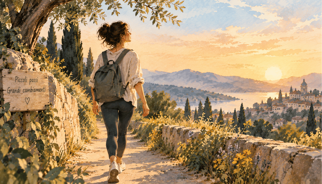 Persona che cammina lungo un sentiero panoramico al tramonto.